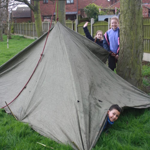 Tepee Design with tarp suspended from fixed hanging rope Tepee Design with tarp suspended from fixed hanging rope